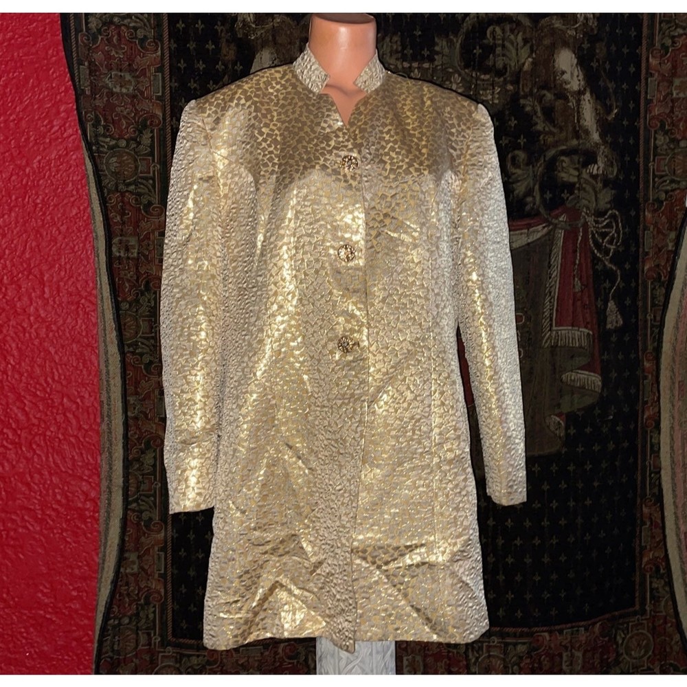 Rare•Glittery 14K Gold Lamé’ styled fancy Button up Long Jacket Blazer Coat 16